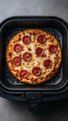 Hot cooked pepperoni pizza square air fryer black homemade cheese fast food kitchen easy meal overhead restaurant snack modern trend blog content ad banner  influencer minimal style copy space cooking