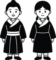 Asian boy and girl wearing traditional Japanese or Korean clothing are facing forward