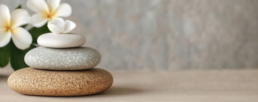 National relaxation day with wellness and spa idea. Zen stones with a flower for relaxation and tranquility.