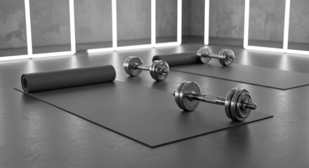 Minimalist Still Life: Grey Mats, Steel Dumbbells, and Soft Lighting