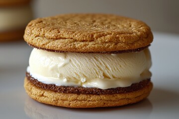 Scrumptious vanilla ice cream sandwich between freshly baked cookies on a white background