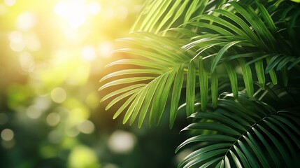 Lush green leaves bathed in sunlight. Vibrant foliage, sunlight filtering through tropical plants, creating a beautiful natural backdrop