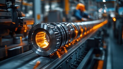 Fototapeta premium Metal cylinder glows orange on conveyor belt in an industrial setting.
