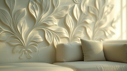 Elegant living room with intricate floral wall design and cozy sofa in soft lighting
