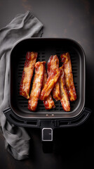 Crispy bacon air fryer kitchen countertop appliance food photography keto breakfast modern cooking healthy meal prep recipe influencer blog ad banner rustic dark copy space blank family meal