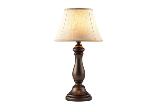 Vintage brass table lamp with pleated fabric shade isolated on a transparent background