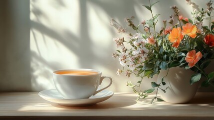 Cup of coffee and flowers in vase on windowsill with sunlight shadows.