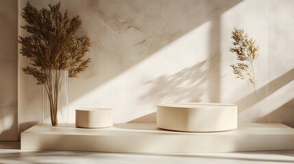 A display of cosmetics on a white marble pedestal. The cosmetics are arranged in a way that highlights their colors and textures. The display is elegant and sophisticated, with a touch of luxury