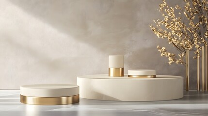 A display of cosmetics on a white marble pedestal. The cosmetics are arranged in a way that highlights their colors and textures. The display is elegant and sophisticated, with a touch of luxury