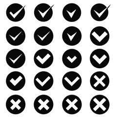 Check mark icon set with editable strokes. Accepted, rejected, approved, disapproved, right, wrong, correct, false, true, done symbols.
