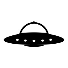 Black and white drawing of an alien flying saucer with lights