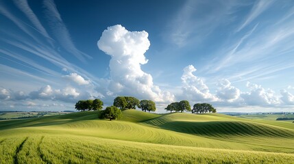 Picturesque rolling hills, vibrant green field, dramatic clouds