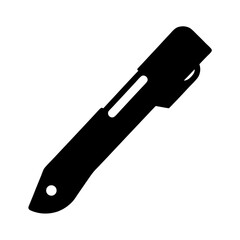 Black silhouette of a scalpel with protective cover on a white background