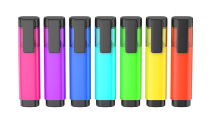 Row of seven highlighters in different colors on transparent background