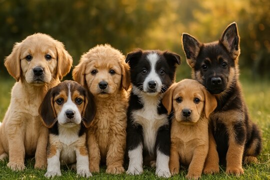 Adorable puppies in grassy field.