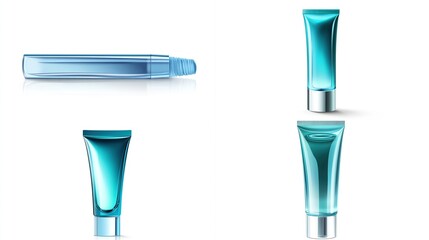 Cosmetic tubes and a lip gloss in light teal and translucent blue