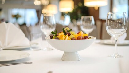 Fototapeta premium Delicious Fresh Fruit Salad in Elegant White Bowl on Table Setting at Upscale Restaurant