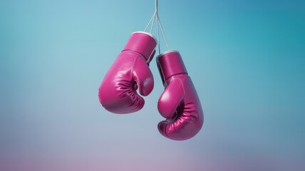 Pink boxing gloves hanging, a sports equipment image.