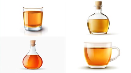 Four glass containers filled with amber liquid, two shot glasses and two mugs