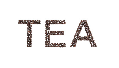 Tea word written with Tea beans isolated on solid white background.