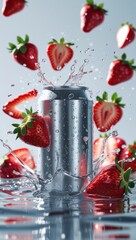 Fresh red strawberry fruit creates a juicy splash in clear water