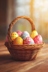 Colorful decorated Easter eggs in a woven basket, set against a softly blurred background
