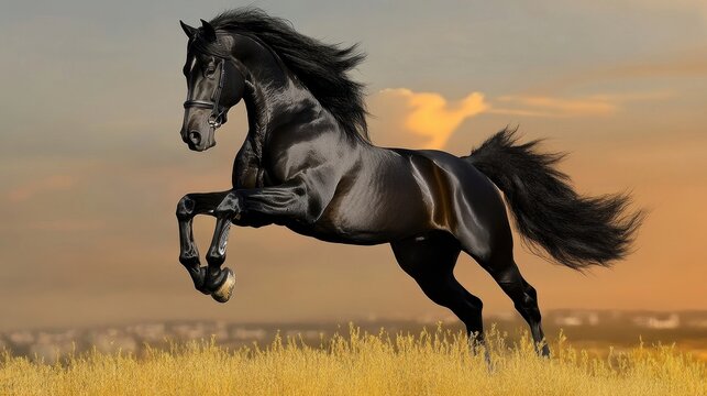 majestic black stallion leaping in sunset field