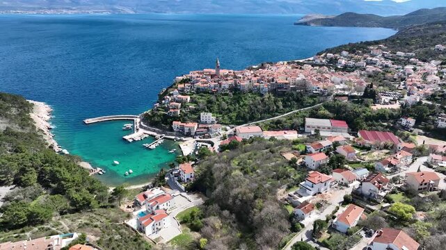 footage of Croatia, Krk island, Vrbnik. Aerial view of a village on the east coast of the island of Krk. Adriatic Sea