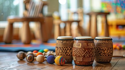 Wooden drums and toys on a floor