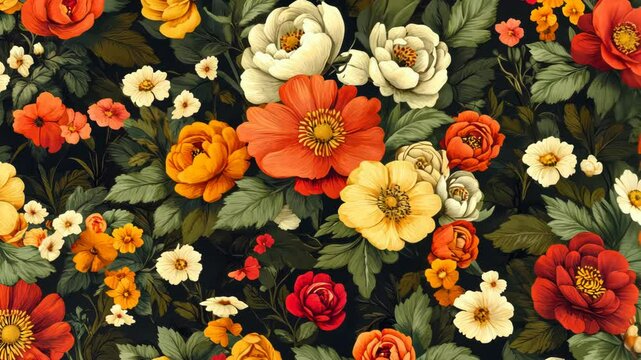 A vibrant floral pattern with a variety of blossoms in warm tones, set against a dark background.  Detailed depictions of flowers, leaves, and stems create a rich, textured look