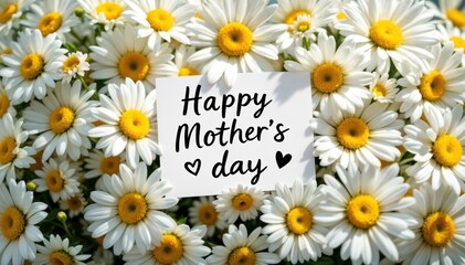 Obraz premium Fresh spring bouquet of daisies with handwritten happy mother’s day card, floral background for celebration or greeting