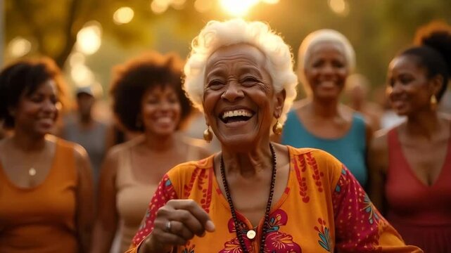 Elderly African-American woman with a joyful smile, wearing a colorful dashiki and gold earrings, dancing at a family gathering during a lively celebration