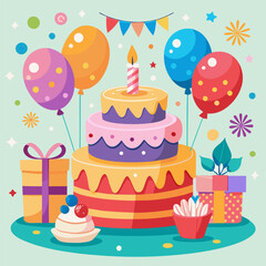 Happy Birthday Celebration. Colorful Cake. Balloons & Gifts