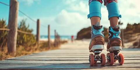 legs of a person riding a blue skateboard on a wooden path