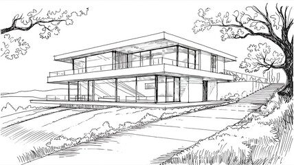 Fototapeta premium Modern House Architectural Sketch: Two-Story Design with Large Windows and Landscaped Grounds