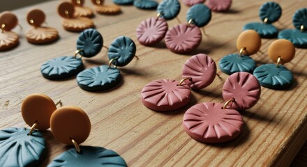 Fototapeta premium Handmade Clay Earrings on Rustic Wood