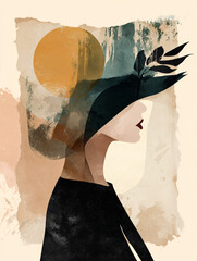 A Woman's Silhouette Against Abstract Sun: A minimalist portrait showcasing a woman in profile with a wide-brimmed hat.