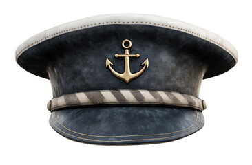 This unique navy officer hat features a prominent anchor emblem and a classic striped band. Its weathered appearance suggests a rich maritime history, evoking memories of naval adventures