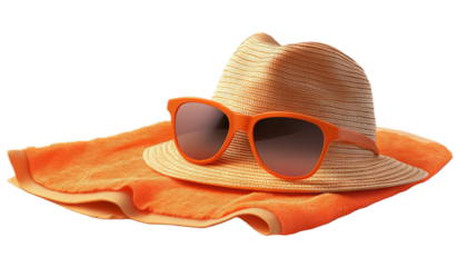 A straw hat rests atop a vibrant orange towel, paired with stylish sunglasses, creating an inviting atmosphere for sunbathing at a beach. This scene captures summer vibes and leisure moments