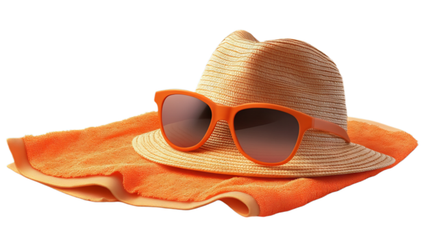 A straw hat rests atop a vibrant orange towel, paired with stylish sunglasses, creating an inviting atmosphere for sunbathing at a beach. This scene captures summer vibes and leisure moments