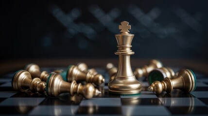 Golden king surrounded by fallen chess pieces on a board.