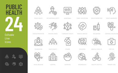 Public Health Line Editable Icons set. Vector illustration in modern thin line style of medicine related icons: preventive measures, healthy lifestyle, information awareness, and more. 