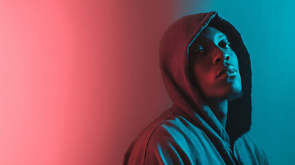 Youthful Introspection: A young man, enveloped in a hooded sweatshirt, gazes pensively into the distance, illuminated by a dramatic interplay of pink and teal lighting.