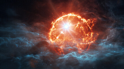Celestial Inferno: Witness the raw power of a stellar explosion, an incandescent burst of energy that illuminates the cosmos, showcasing the untamed beauty and mystery of the universe.