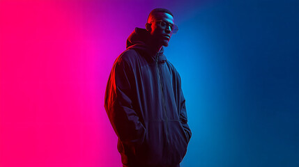 Neon Lit Silhouette: A stylish individual, illuminated by vibrant neon colors, casts a striking silhouette against a dynamic backdrop. conveying a sense of urban cool and modern aesthetic.