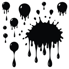 Black dripping ink. Isolated spots of paint, floating oil blots vector set. Blob paint, ink splatter black, stain and drip illustration
