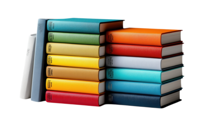  Colorful stack of hardcover books in various hues, including blue, orange, red, yellow, and green, with a vibrant and organized arrangement