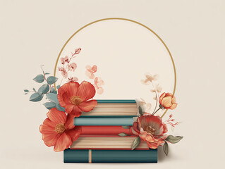 Bookish Blooms: Stack of literary treasures adorned with vibrant blossoms and golden ring frame, a whimsical composition to ignite the imagination.