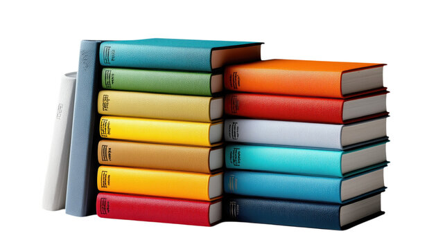  Colorful stack of hardcover books in various hues, including blue, orange, red, yellow, and green, with a vibrant and organized arrangement