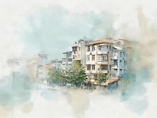 Residential Buildings in Watercolor Style: A captivating artistic rendition of residential buildings, painted in watercolor style, showcasing architectural details and the charm of urban living. 